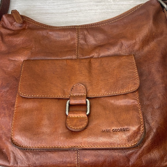 Jack Georges Brown Buffalo Leather Voyager Zip Crossbody Bag w/ Canvas Strap - Picture 2 of 16